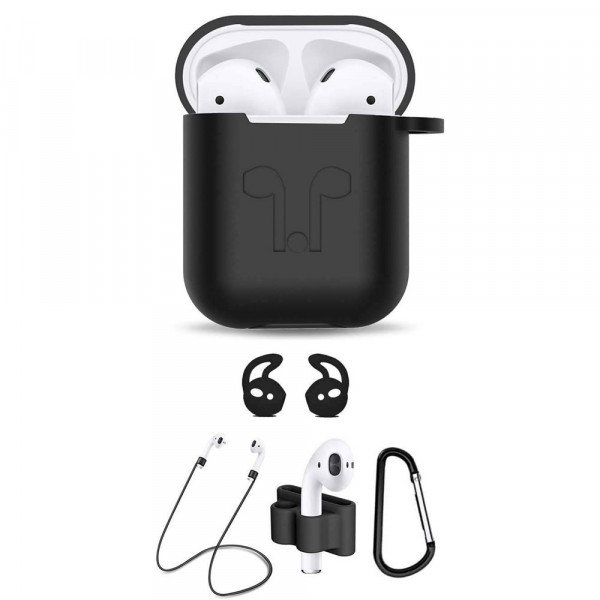 Wholesale 5 in 1 Accessories Kits Silicone Cover with Ear Hook Grips / Staps / Clip / Skin / Tips for Airpods 2 / 1 Charging Case (Black)